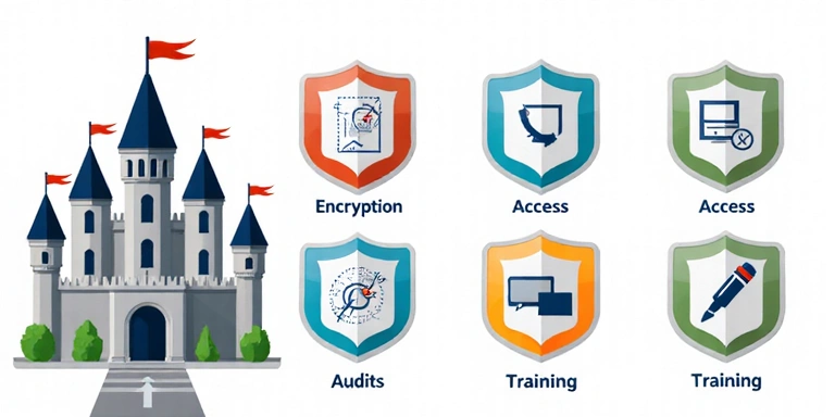 Illustration of security measures like encryption and firewalls